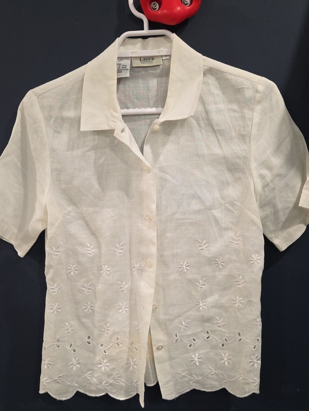 Laura 100% Linen Cream Short-Sleeve Embroidered Button-Up Blouse